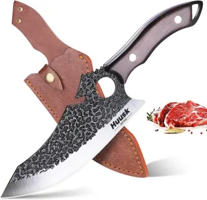 Huusk Japan Knife for Meat Cutting, Caveman Knives for Vegetables Butcher Knives with Full Tang Handle Viking Knives with Opener & Sheath for Kitchen BBQ Camping Outdoor, Gifts for Dad Christmas Gift