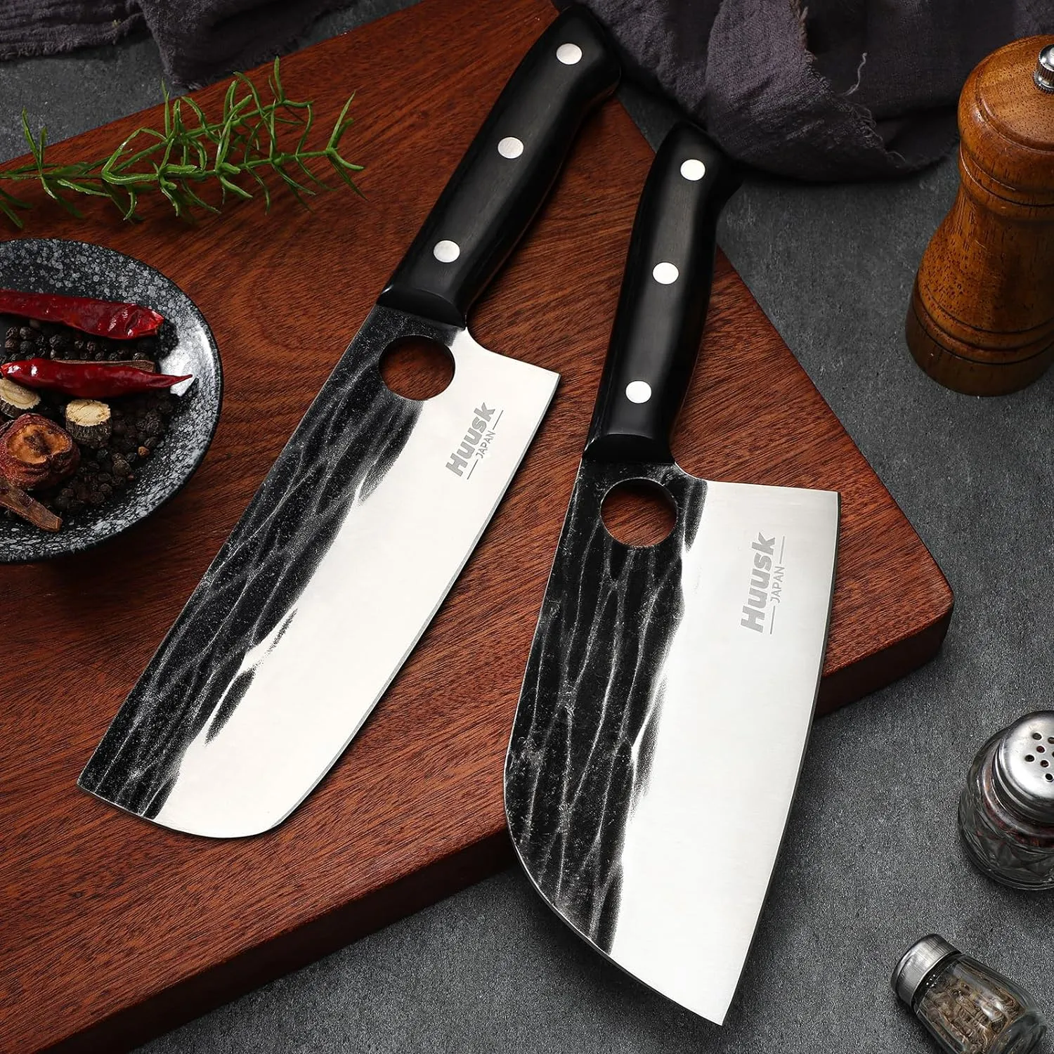 Huusk Knives Set, Serbian Chef Knife Set with Bag, Japanese Kitchen Knives Set, Hand Forged High Carbon Steel Knives Set, Full Tang Knives Set with Ebony Handle, Butcher Knives Set for Dad, Ideal Gif