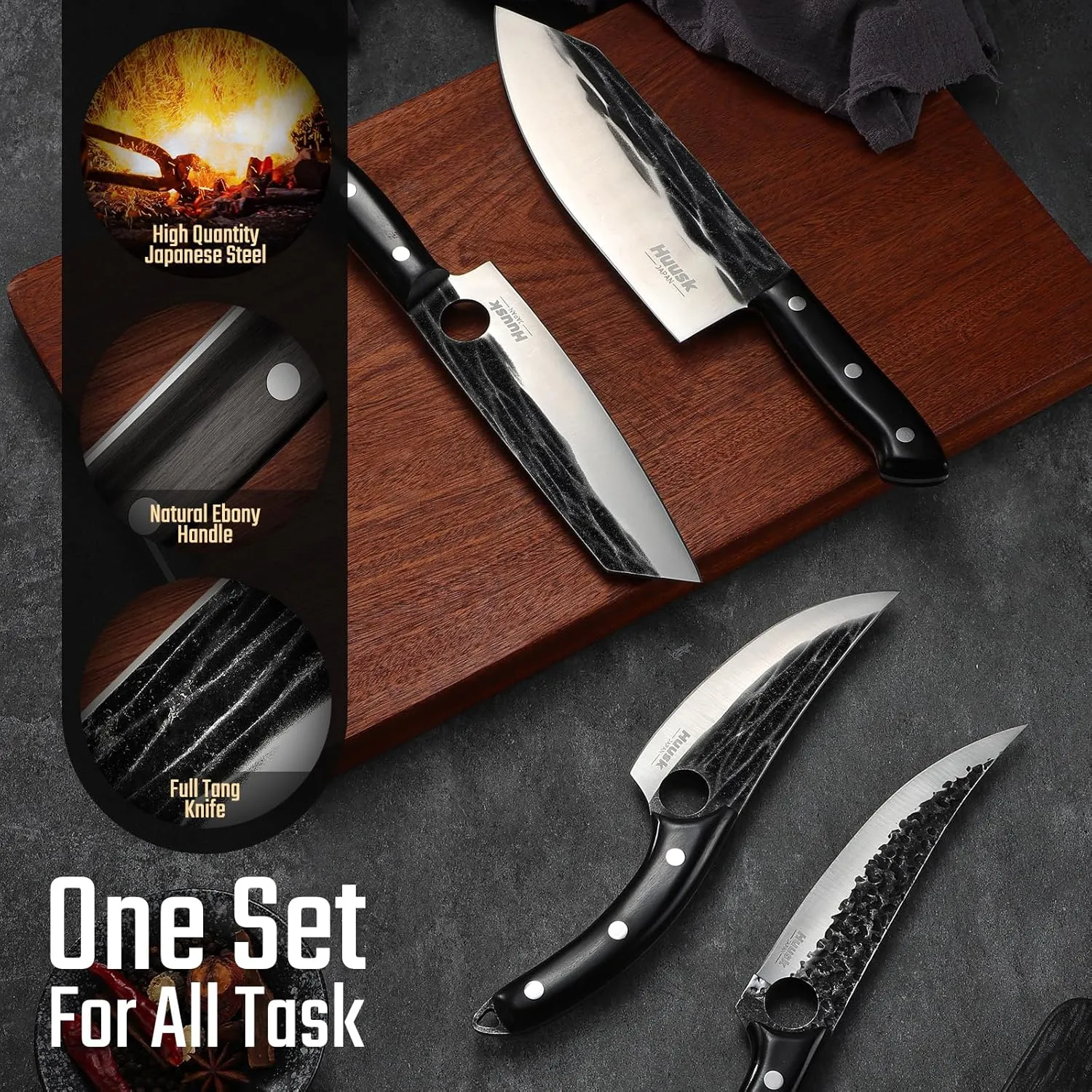 Huusk Knives Set, Serbian Chef Knife Set with Bag, Japanese Kitchen Knives Set, Hand Forged High Carbon Steel Knives Set, Full Tang Knives Set with Ebony Handle, Butcher Knives Set for Dad, Ideal Gif
