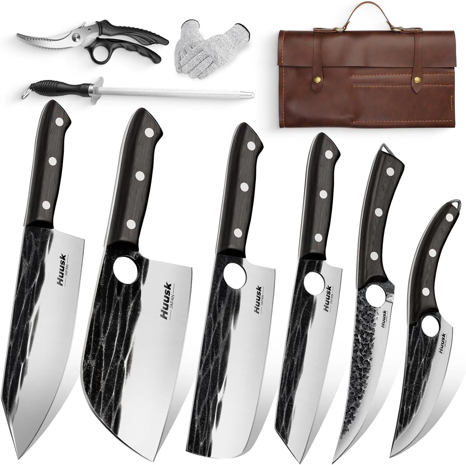 Huusk Knives Set, Serbian Chef Knife Set with Bag, Japanese Kitchen Knives Set, Hand Forged High Carbon Steel Knives Set, Full Tang Knives Set with Ebony Handle, Butcher Knives Set for Dad, Ideal Gif