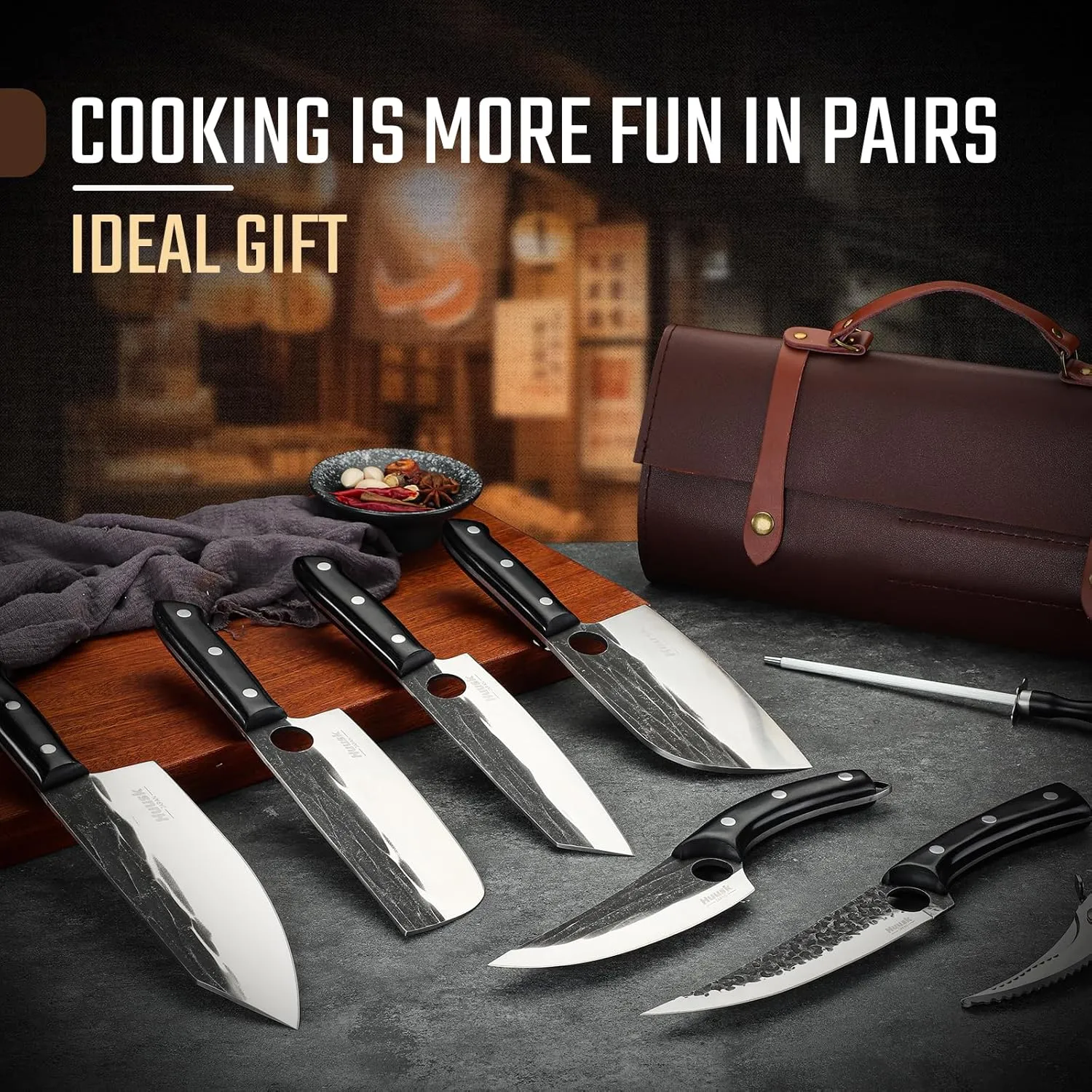 Huusk Knives Set, Serbian Chef Knife Set with Bag, Japanese Kitchen Knives Set, Hand Forged High Carbon Steel Knives Set, Full Tang Knives Set with Ebony Handle, Butcher Knives Set for Dad, Ideal Gif