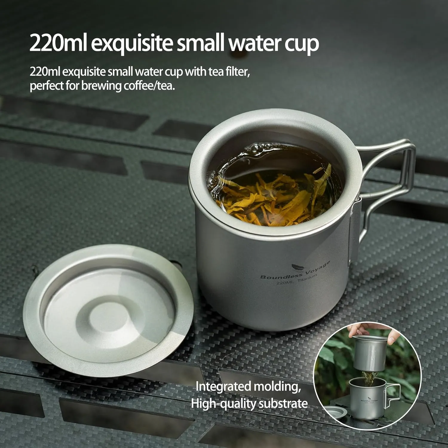 iBasingo 220ml Titanium Cup with Strainer Camping Mug with Lid Foldable Handle Single-walled Lightweight Portable for Outdoor Drinking Drinkware US-Ti3057D