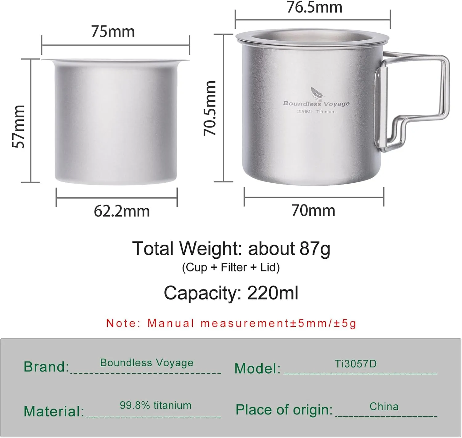 iBasingo 220ml Titanium Cup with Strainer Camping Mug with Lid Foldable Handle Single-walled Lightweight Portable for Outdoor Drinking Drinkware US-Ti3057D