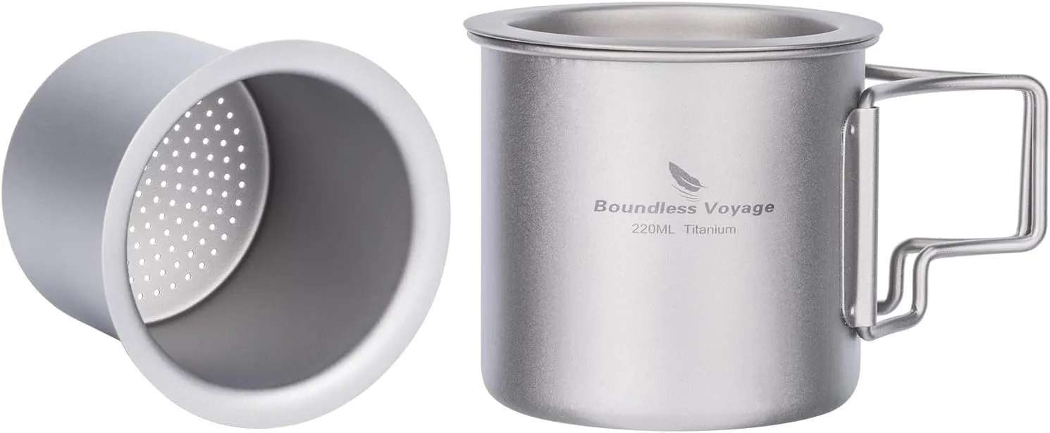 iBasingo 220ml Titanium Cup with Strainer Camping Mug with Lid Foldable Handle Single-walled Lightweight Portable for Outdoor Drinking Drinkware US-Ti3057D