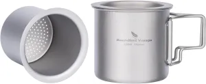 iBasingo 220ml Titanium Cup with Strainer Camping Mug with Lid Foldable Handle Single-walled Lightweight Portable for Outdoor Drinking Drinkware US-Ti3057D