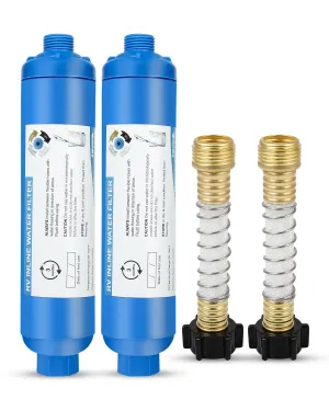 Inline RV Water Filter for Hose Attachment with 2 Flexible Hose Protector for Garden, RV, Camper, Marine for Drinking, Car Washing, Gardening, Planting, Spa, Reduces Chlorine. 𝟮 Pack
