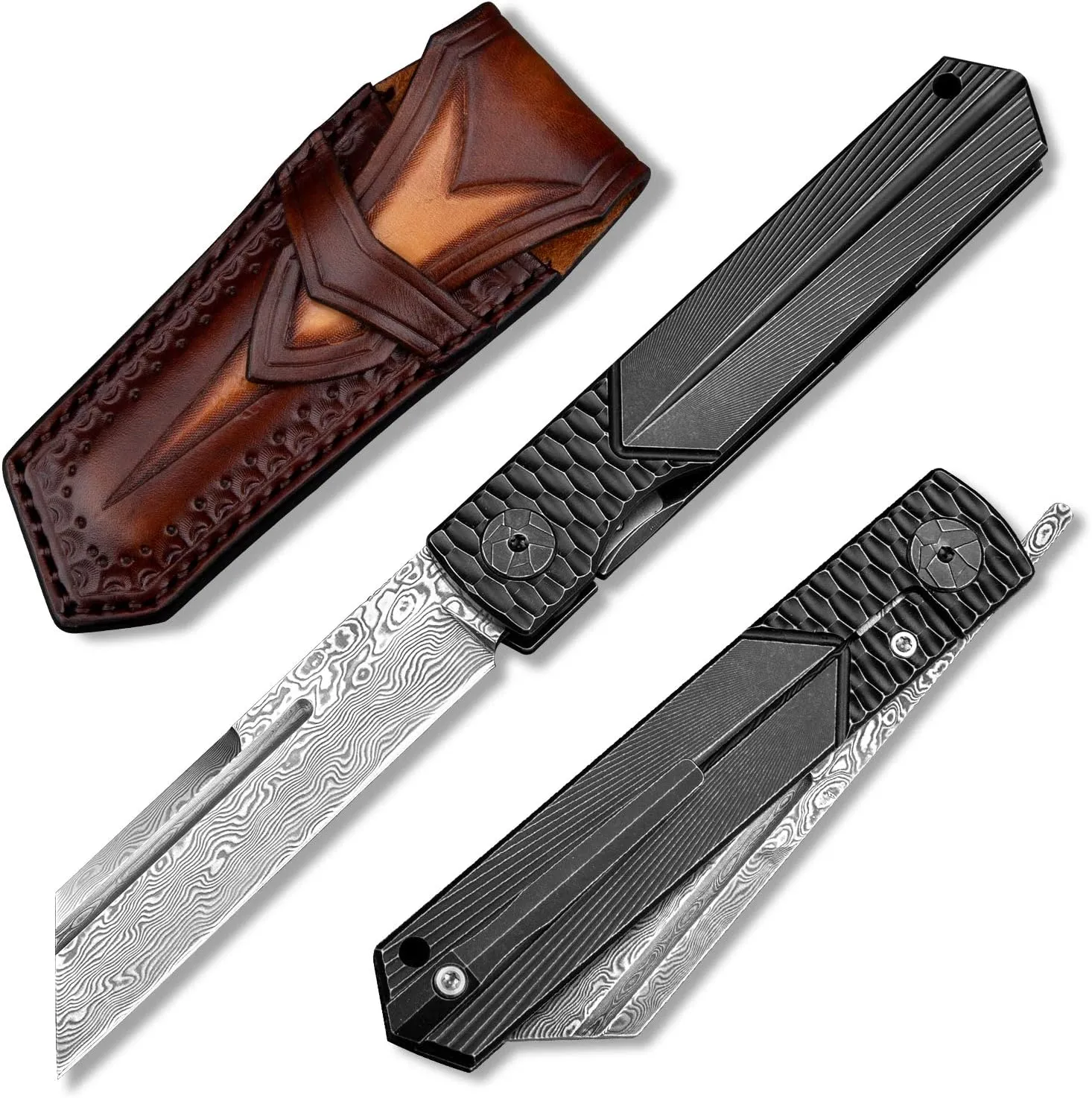japanese higonokami folding pocket knife with leather sheath,3.3in damascus steel blade,titanium handle frame lock edc knives with clip for men hunting
