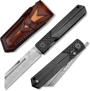 japanese higonokami folding pocket knife with leather sheath,3.3in damascus steel blade,titanium handle frame lock edc knives with clip for men hunting