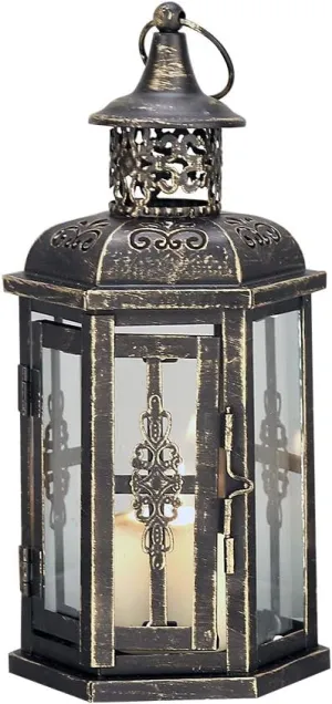 JHY DESIGN Decorative Lanterns-10inch High Vintage Style Hanging Lantern, Metal Candleholder for Indoor Outdoor, Events, Parities and Weddings(Black with Gold Brush)