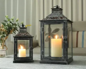 JHY DESIGN Set of 2 Antique Grey Brush Decorative Lanterns Metal Candle Lanterns for Indoor Outdoor Events Paritie and Weddings Vintage Style Hanging Lantern(with Glass)