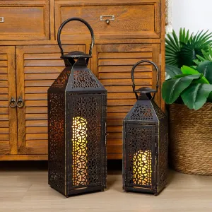 JHY DESIGN Set of 2 Vintage Decorative Candle Lanterns 19"&14''H Moroccan Metal Candle Holders with Hollow Pattern for Garden Porch Shelf Indoor Outdoor Parties Weddings Patio(Black Brushed Gold)