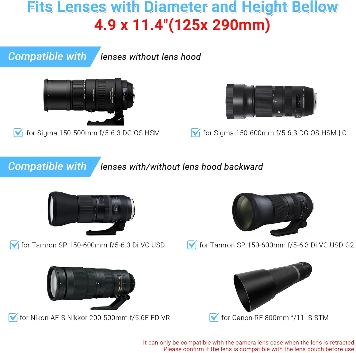 JJC Deluxe Large Camera Lens Pouch Carrying Case for Sigma 150-600mm f/5-6.3 DG OS HSM | C, Tamron SP 150-600mm f/5-6.3 Di VC USD G2, RF 800mm f/11 IS STM, JBL Xtreme and lenses below 4.9 x 11.4''