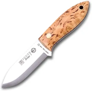 Joker Bushcraft Avispa S CL121, curly birch wood handle, 3.15 inches blade with spine grip, includes brown leather Sheath, Tool for fishing, Hunting, camping and hiking