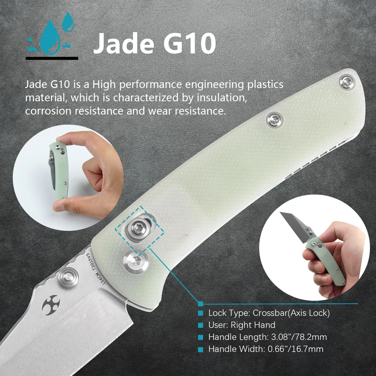 KANSEPT Little Main Street Pocket Folding Knives EDC Axis Lock Camping Knife 2.26'' Stonewashed 154CM Blade Knife with Jade G10 Handle for Men Women Everyday Carry T2015V5