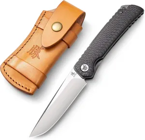 KATSU Folding Pocket Japanese Knife, Carbon Fiber Handle, EDC Knife w/154CM Steel Blade, Leather Sheath
