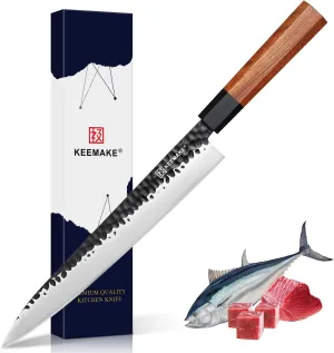 KEEMMAKE Sushi Knife - 10 inch Yanagiba with 440C Stainless Steel Blade, Japanese Sashimi Knife with G10 Bolster and Octagonal Rosewood Handle, Gift Box Included