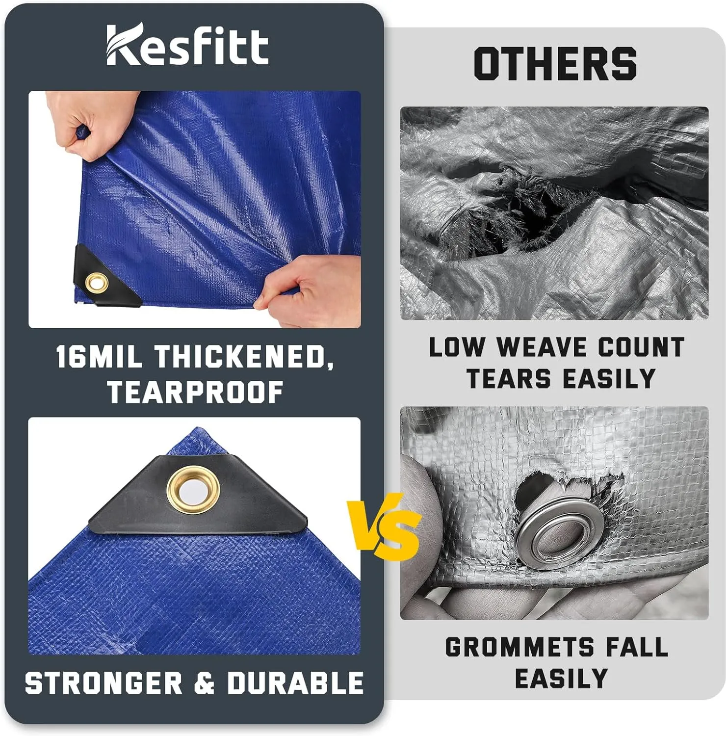 Kesfitt Tarp Heavy Duty Waterproof 20x20FT,16 Mil Thick Tarps Tear&Fade Resistant,UV Resistant,Poly Tarp Cover with Grommets and Reinforced Edges for Outdoor Camping Pools Boat Car(Blue/Brown)