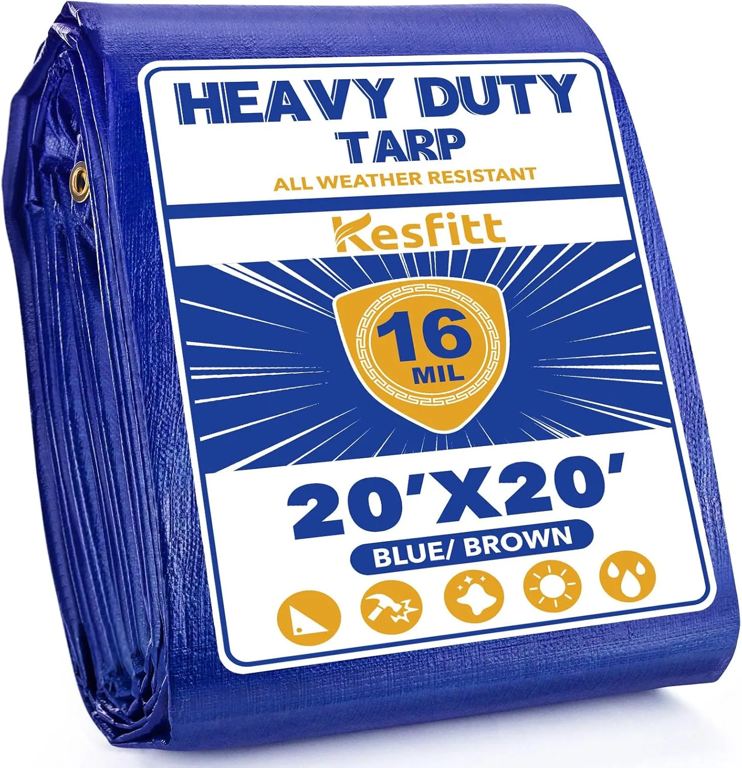 Kesfitt Tarp Heavy Duty Waterproof 20x20FT,16 Mil Thick Tarps Tear&Fade Resistant,UV Resistant,Poly Tarp Cover with Grommets and Reinforced Edges for Outdoor Camping Pools Boat Car(Blue/Brown)