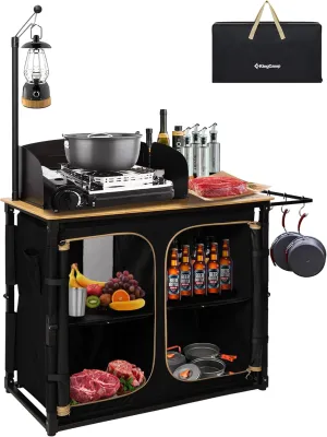 KingCamp Bamboo Camp Kitchen Station, Folding Overland Camping Kitchen Table Hooks Portable Outdoor Cooking with Adjustable Lantern Pole & Windshield Storage Organizer for Tailgating BBQ Picnic RV