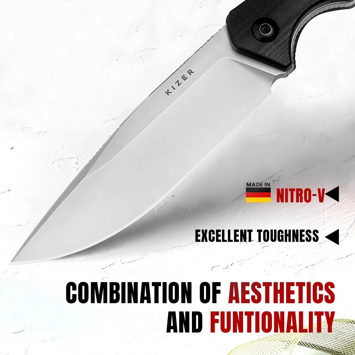 Kizer Militaw Fixed Blade Knife with Sheath, Nitro V Blade Camping Knife with G10 & Micarta Handle, Fixed Blade EDC Knives for Men Women Gift, Outdoor Hunting Hiking Survival Knives 1067A2
