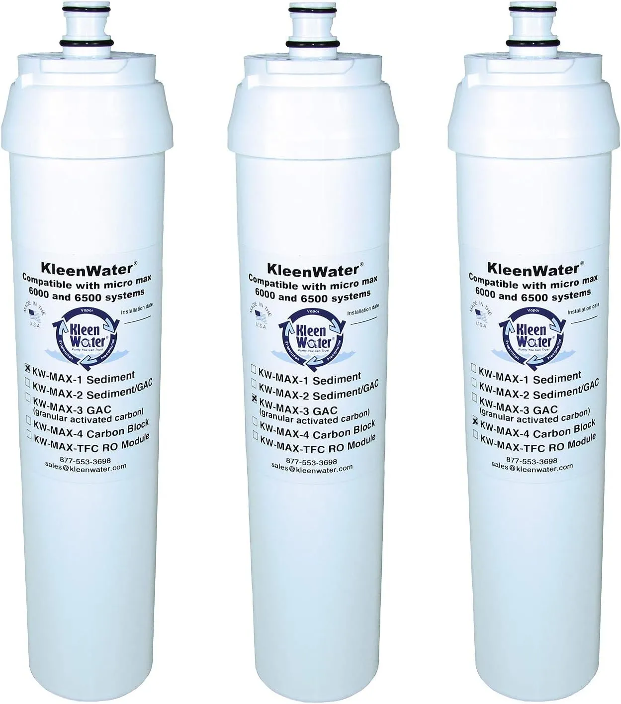 KleenWater KW-MAX-1-3-4 Filters Compatible With Micro Max 6500 Reverse Osmosis System, Substitute Water Filters for 47-126001PRI, 47-125001PRI and 47-227001PRI, Set of 3, Made in USA
