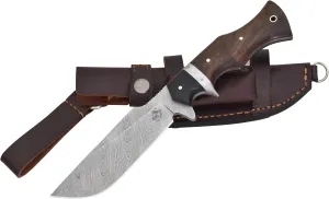 Knives Ranch Damascus Hunting Knife, Full Tang Camping Knife, Stabilized Rosewood & Burlap Micarta Handle, Heavy-Duty Leather Sheath (3153-IRW)