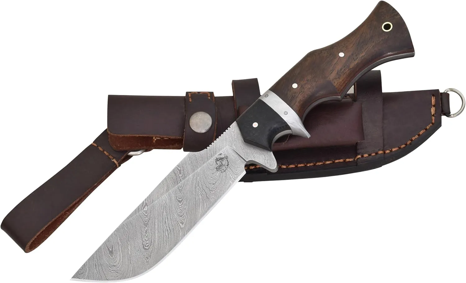 Knives Ranch Damascus Hunting Knife, Full Tang Camping Knife, Stabilized Rosewood & Burlap Micarta Handle, Heavy-Duty Leather Sheath (3153-IRW)