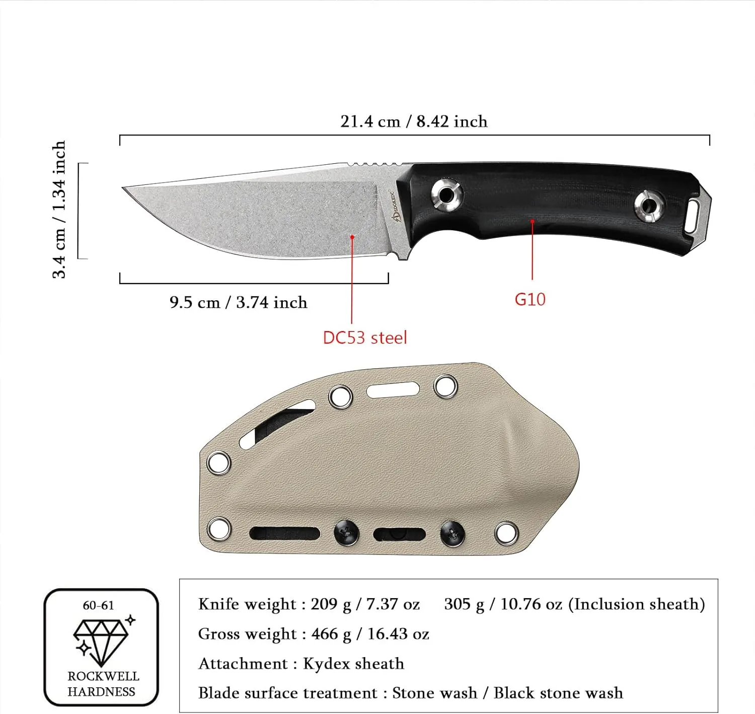 Knives Tactical Fixed Blade Knife Survival Knife with Sheath Made of DC53 Steel Perfect EDC Hunting Knife with G10 Handle for Men EDC Camping Outdoor (White Black)