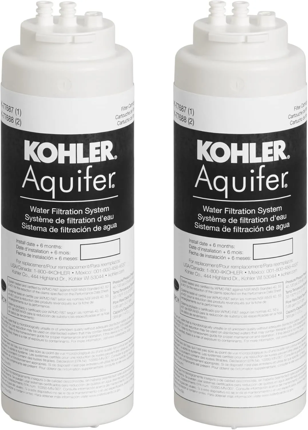 KOHLER 77688-NA Water Filter, Aquifer Replacement Filter Cartridge (2 Pack), 2 Count (Pack of 1), White