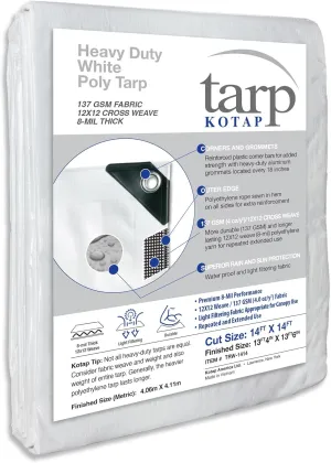 Kotap 14 x 14 Ft. Heavy-Duty Protection/Coverage Tarp, Superior Weave for Greater Longevity 8-mil, Multi-Use, Waterproof, White, 1-Pack (TRW-1414)