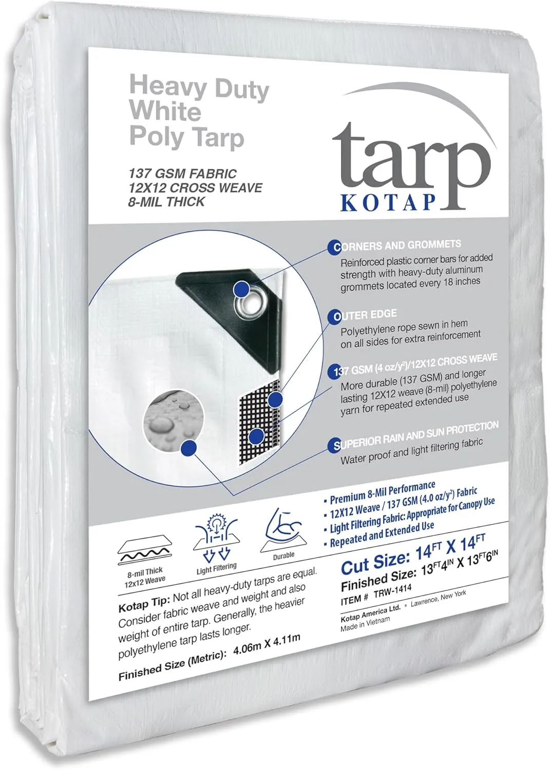 Kotap 14 x 14 Ft. Heavy-Duty Protection/Coverage Tarp, Superior Weave for Greater Longevity 8-mil, Multi-Use, Waterproof, White, 1-Pack (TRW-1414)