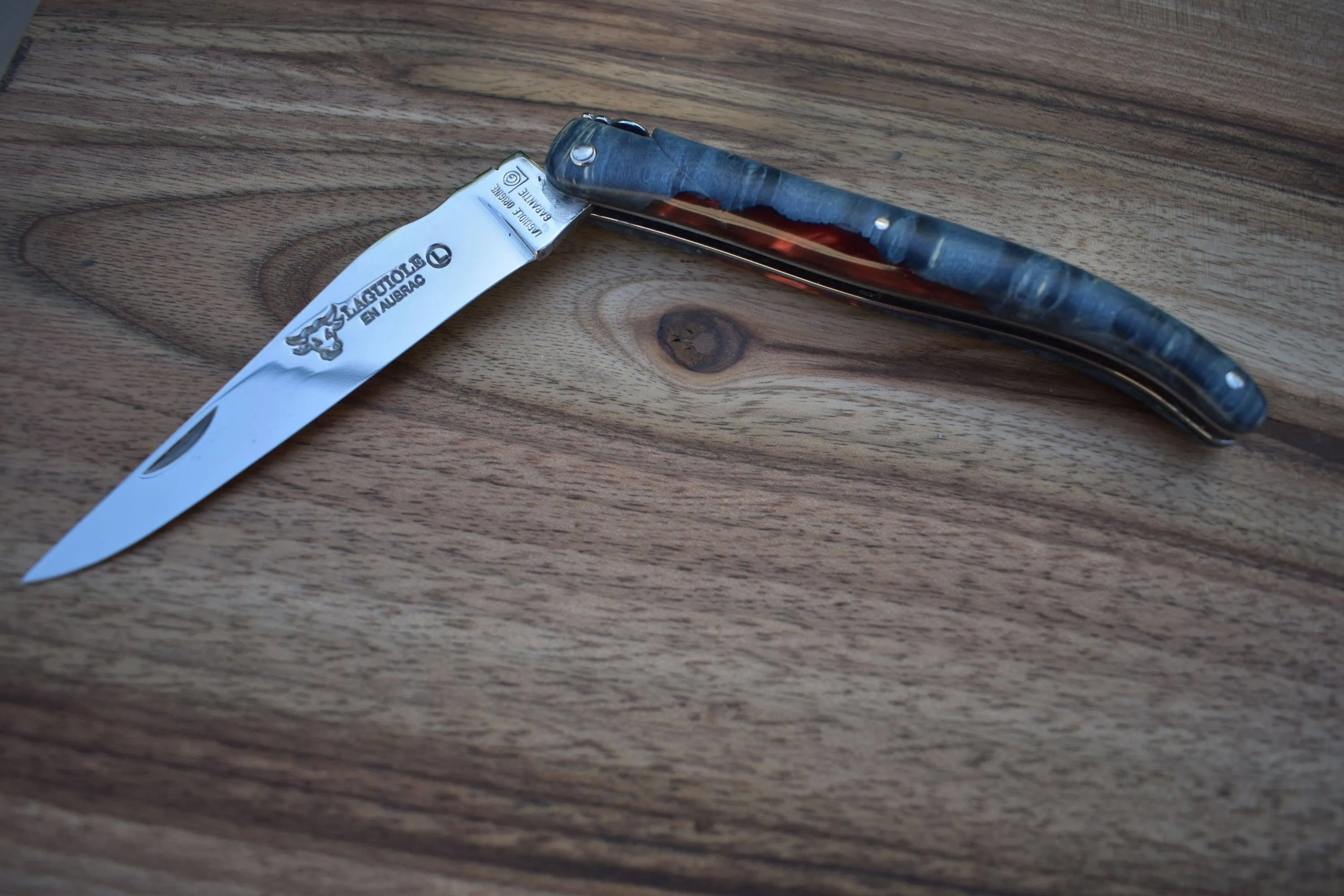Laguiole en Aubrac Handcrafted Plated Limited Edition Multipurpose Knife, Full Galaxy Root Blue Handle, 4.75 inches