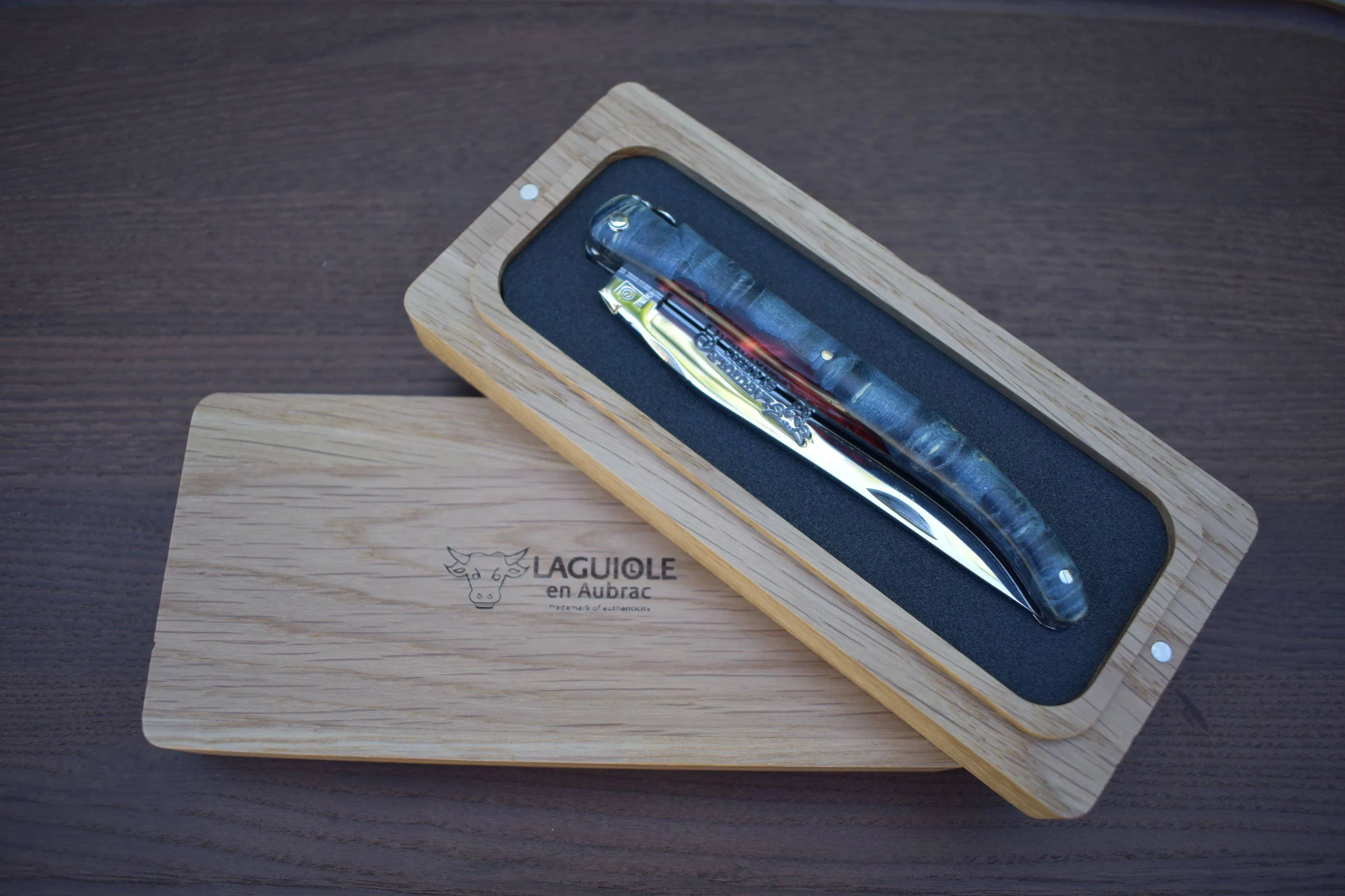 Laguiole en Aubrac Handcrafted Plated Limited Edition Multipurpose Knife, Full Galaxy Root Blue Handle, 4.75 inches