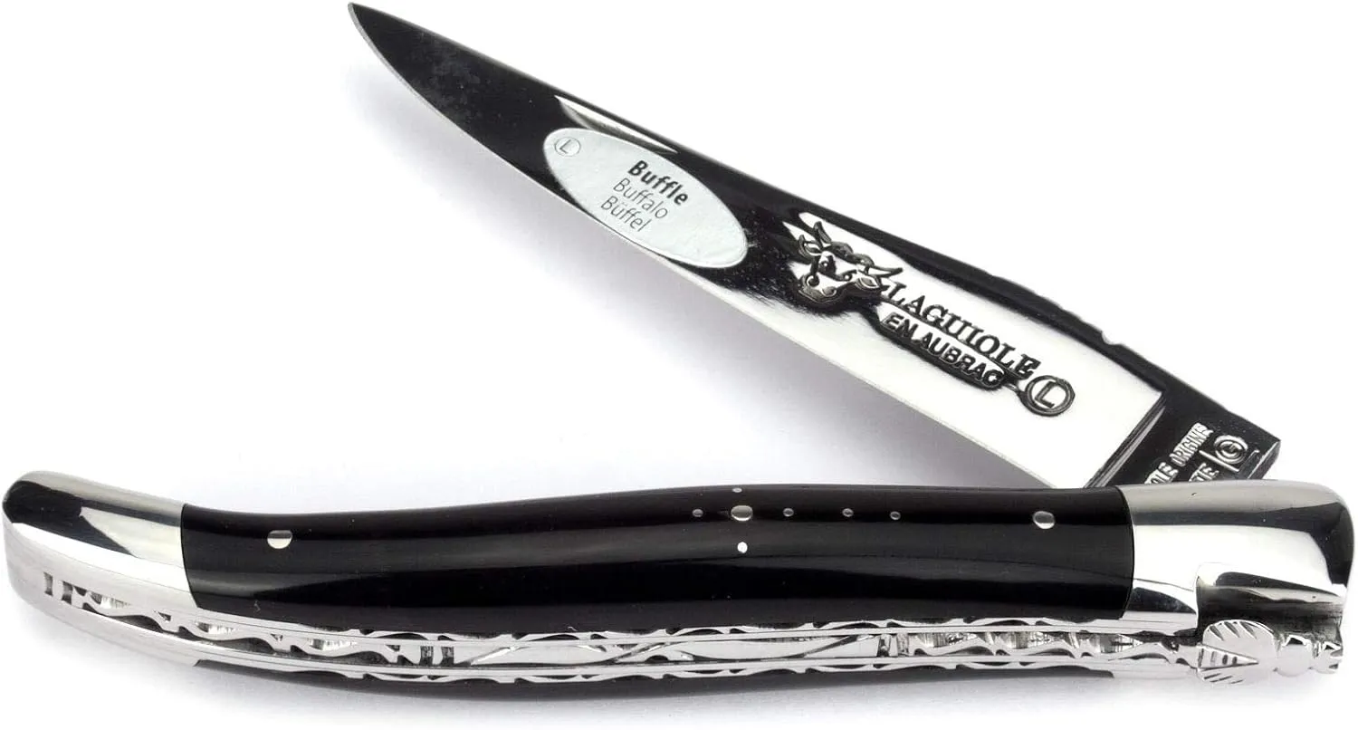 Laguiole en Aubrac Handmade Knife 12 cm - Double platines - Buffalo Horn Handle - Blade and bolsters Stainless Steel Shiny