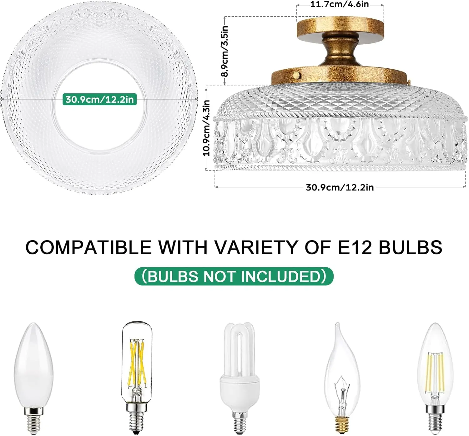 Lamomo Semi Flush Mount Ceiling Light, 3-Bulb Hallway Light Fixture, Antique Brass Gold Globe Glass Close to Ceiling Scone,Indoor Hanging Lantern for Bedroom Kitchen Porch Hallway,Bulbs Not Included