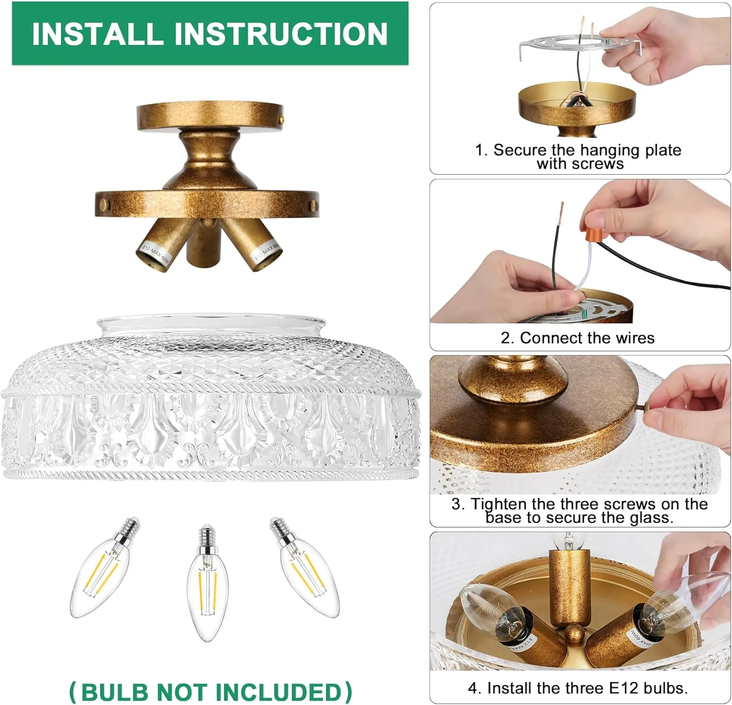 Lamomo Semi Flush Mount Ceiling Light, 3-Bulb Hallway Light Fixture, Antique Brass Gold Globe Glass Close to Ceiling Scone,Indoor Hanging Lantern for Bedroom Kitchen Porch Hallway,Bulbs Not Included