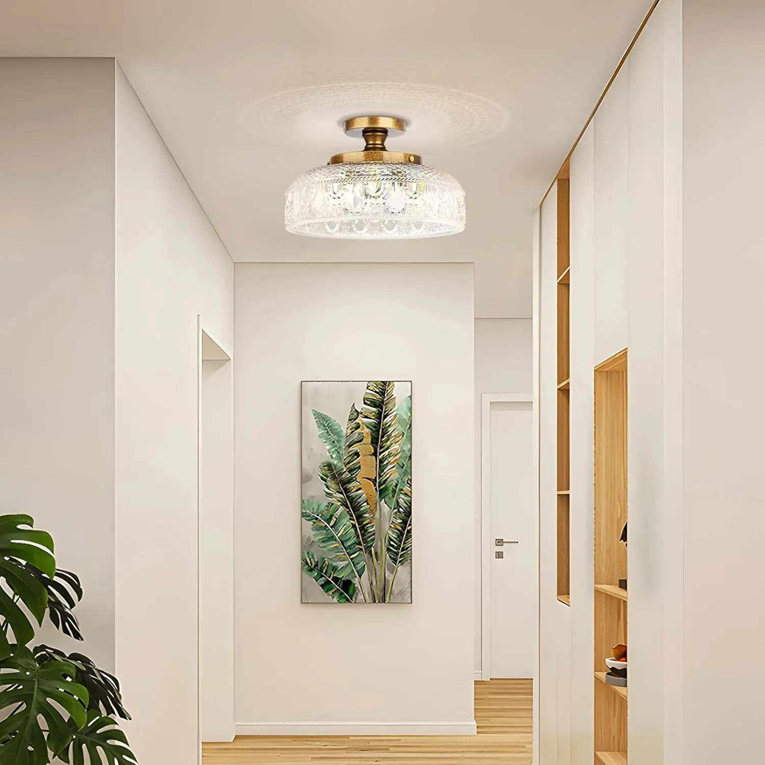 Lamomo Semi Flush Mount Ceiling Light, 3-Bulb Hallway Light Fixture, Antique Brass Gold Globe Glass Close to Ceiling Scone,Indoor Hanging Lantern for Bedroom Kitchen Porch Hallway,Bulbs Not Included