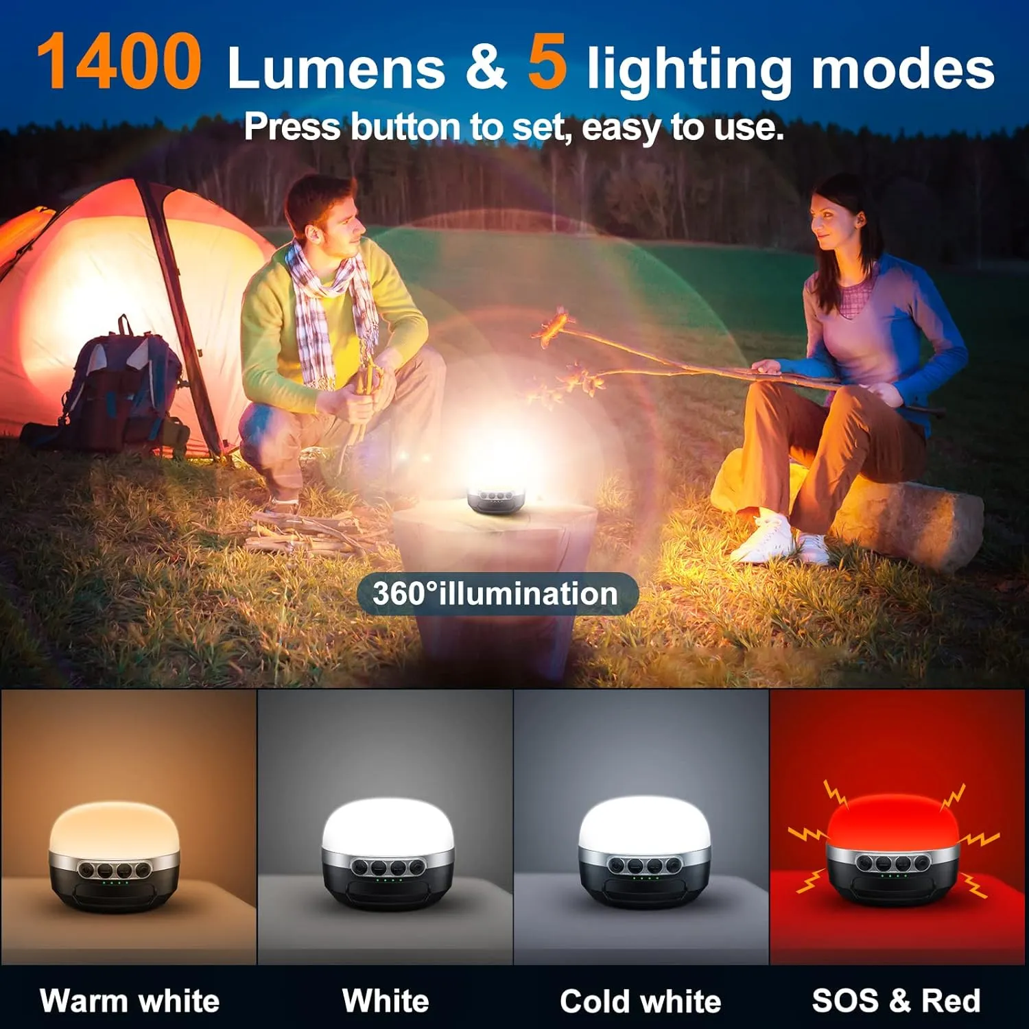 LED Camping Lantern Rechargeable 1400LM, Up to 420H Running Time Camping Tent RGB Light, 10400mAh Emergency Hanging Light for Hurricane, Power Outages, Home, Hiking