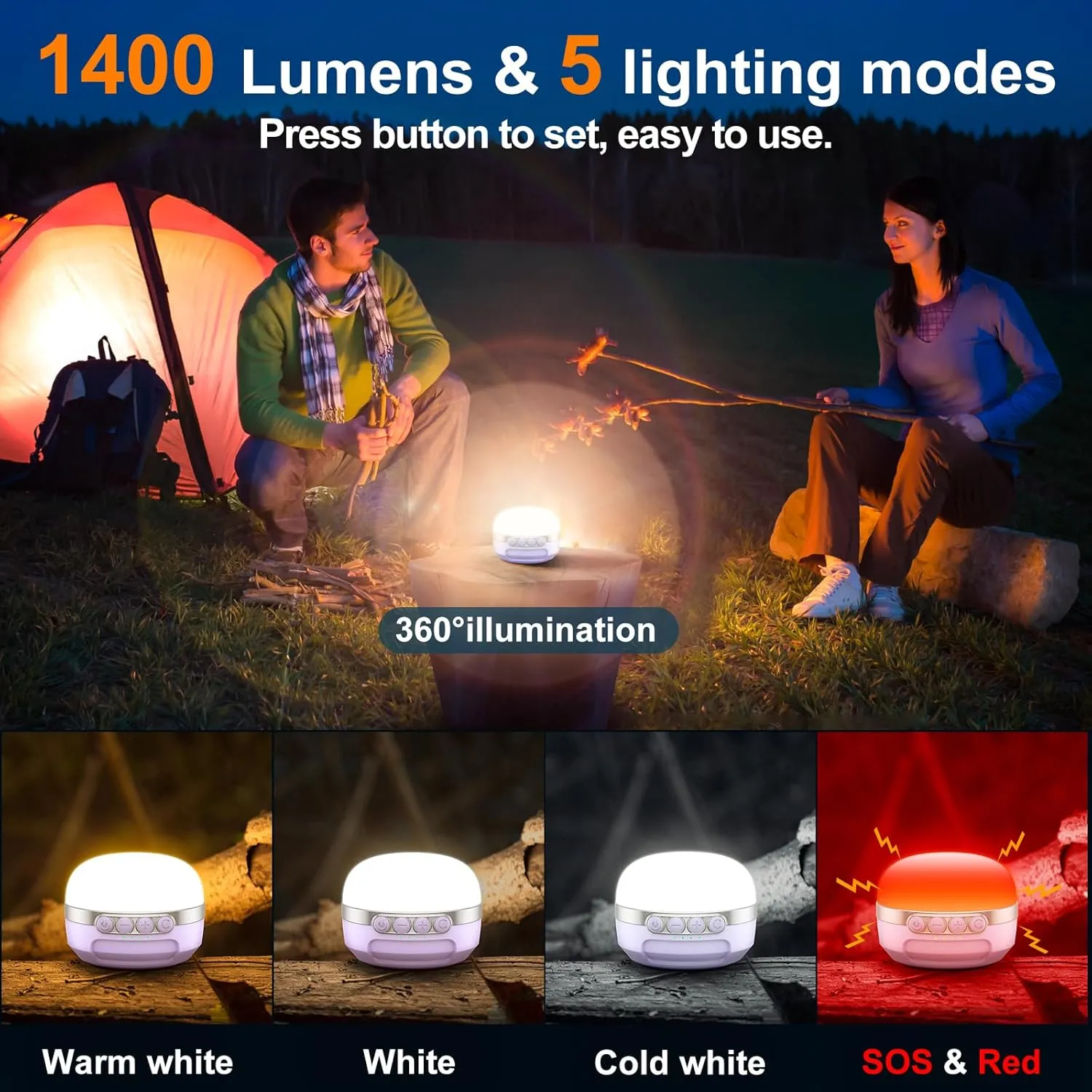 LED Camping Lantern Rechargeable 1400LM, Up to 420H Running Time Camping Tent RGB Light, 10400mAh Emergency Hanging Light for Hurricane, Power Outages, Home, Hiking,Violet