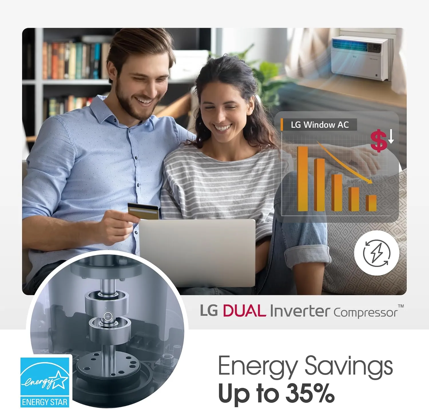 LG LW1522FVSM Window Conditioner with Dual Inverter Technology, Wi-Fi Enabled w/Remote, Ultra Quiet Operation, 700 Sq.Ft, 4-Way Air Deflection, 3 Cooling and Fan Speeds, 115V, 14,000 BTU, White