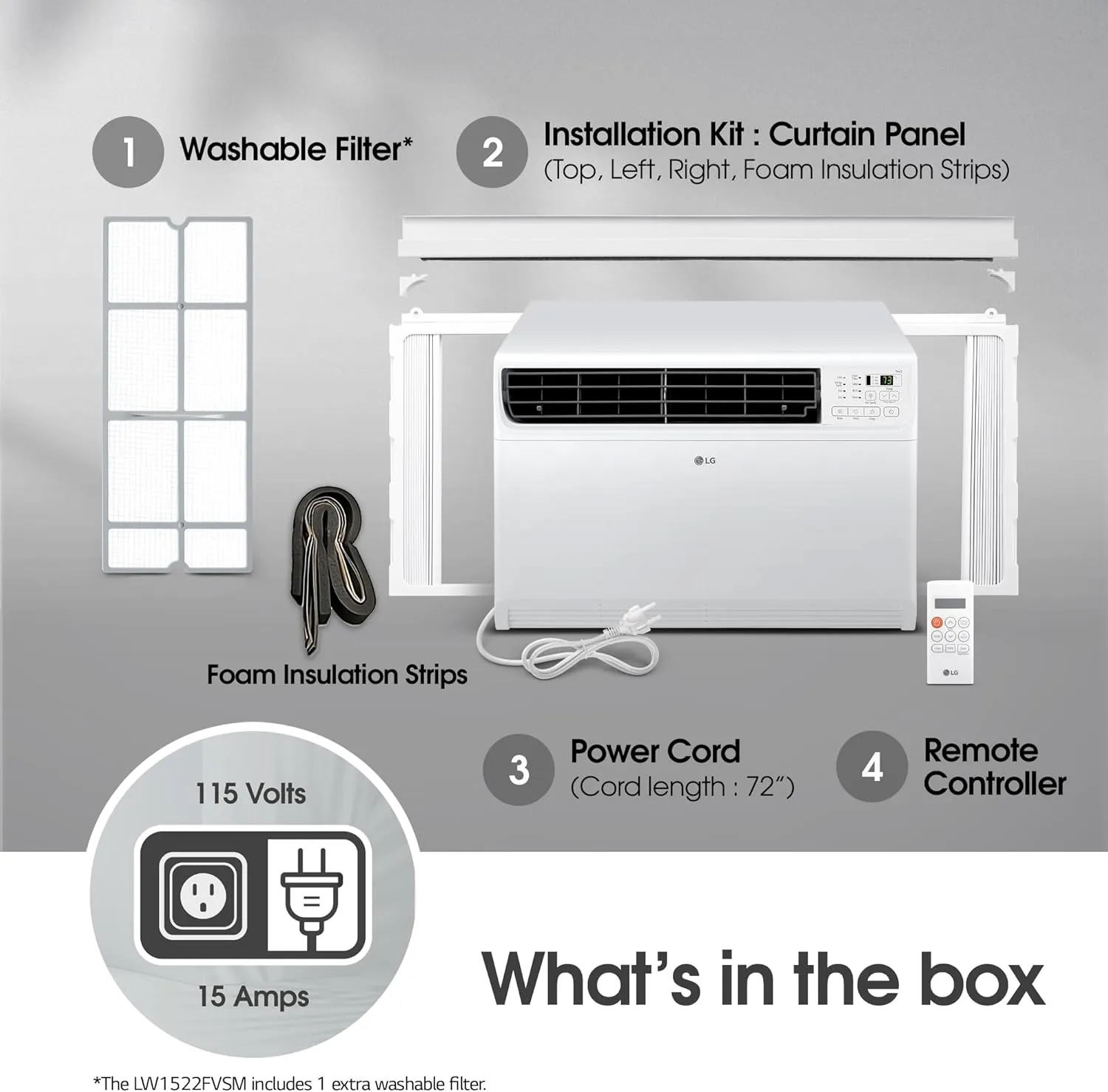LG LW1522FVSM Window Conditioner with Dual Inverter Technology, Wi-Fi Enabled w/Remote, Ultra Quiet Operation, 700 Sq.Ft, 4-Way Air Deflection, 3 Cooling and Fan Speeds, 115V, 14,000 BTU, White