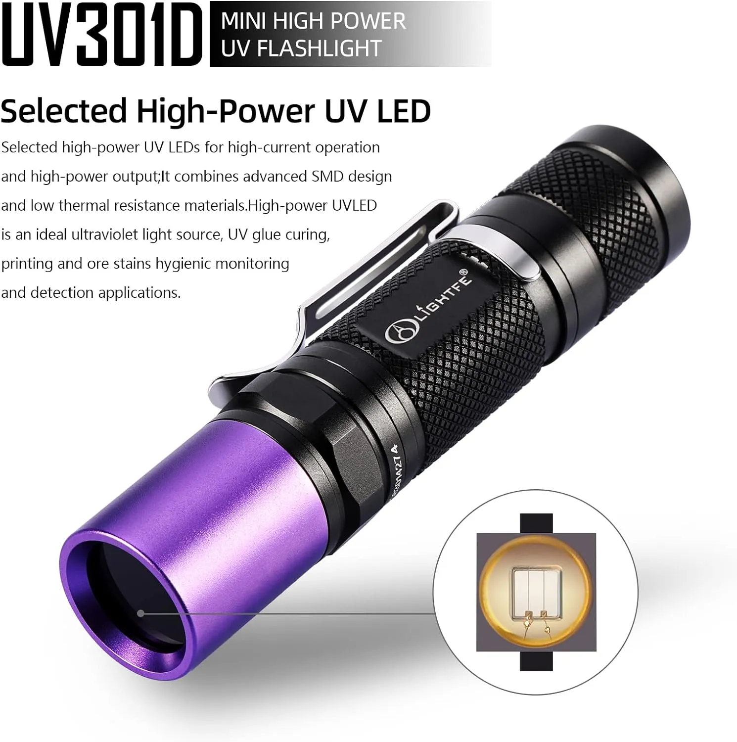 LIGHTFE Black Light UV Flashlight 365nm Blacklight UV301D with LG LED Source,Black Filter Lens, Max.3000mW high Power for Resin Glue Curing Light, Rocks and Mineral Glowing,A/C Leak Detector