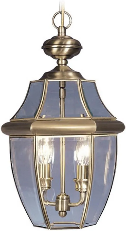 Livex Lighting 2255-01 Monterey 2 Light Outdoor Antique Brass Finish Solid Brass Hanging Lantern with Clear Beveled Glass