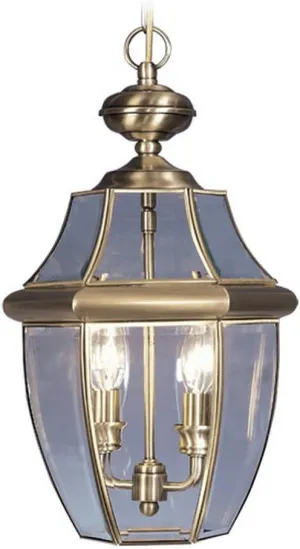 Livex Lighting 2255-01 Monterey 2 Light Outdoor Antique Brass Finish Solid Brass Hanging Lantern with Clear Beveled Glass