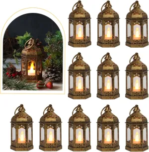LLQ 8Pcs Mini Lantern with LED Tealight, Vintage Brown Lanterns Decorative, Hanging Candle Lanterns for Ramadan Christmas Wedding Table Centerpiece Indian Diwali Decor, Garden Fairy Party Decorations