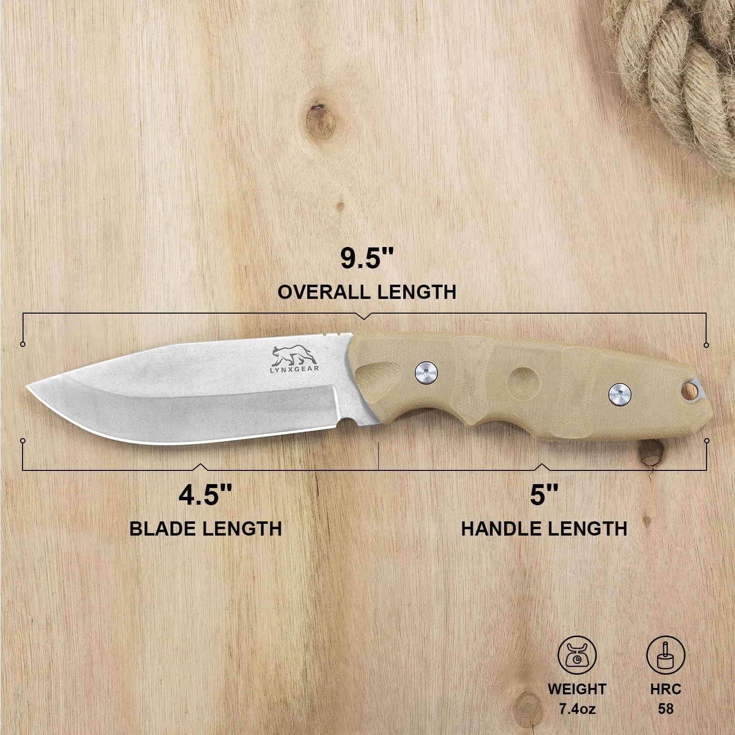 LYNXGEAR Fixed Blade Knife with Sheath, 4.5" D2 Blade Hunting Knife with Desert Tan Micarta Handle, Perfect EDC Survival Bushcraft Beltknife for Men Women