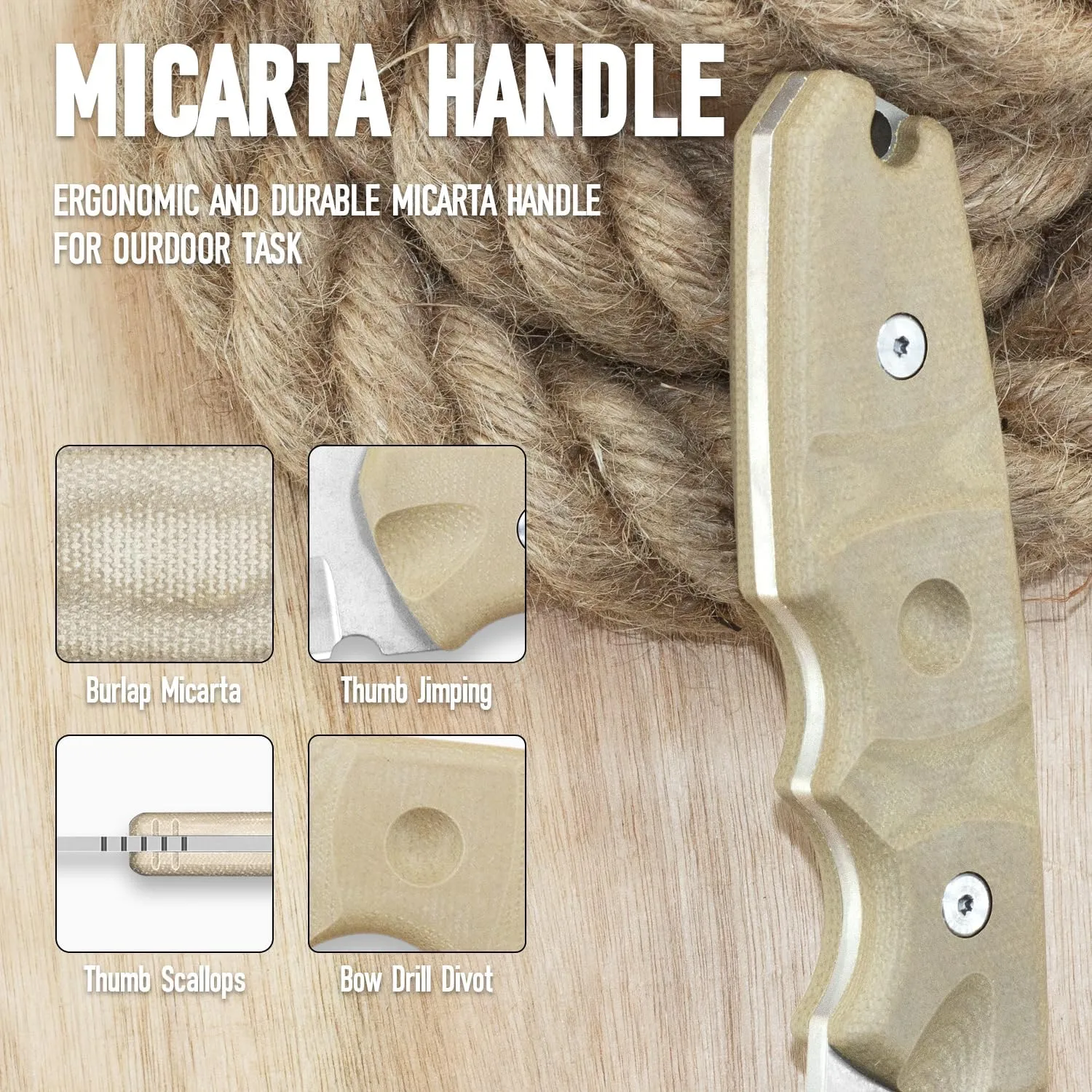 LYNXGEAR Fixed Blade Knife with Sheath, 4.5" D2 Blade Hunting Knife with Desert Tan Micarta Handle, Perfect EDC Survival Bushcraft Beltknife for Men Women