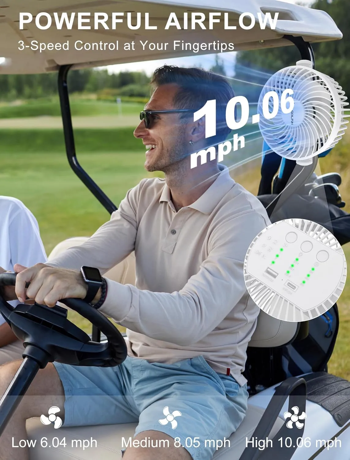 Magnetic Golf Cart Fan Rechargeable, 12000mAH Battery Operated Portable Fan with 3 Speeds, LED Lantern, Magnetic Base, Compatible with EZGO Club Car Yamaha, Golf Cart & Cruise Ship Accessories