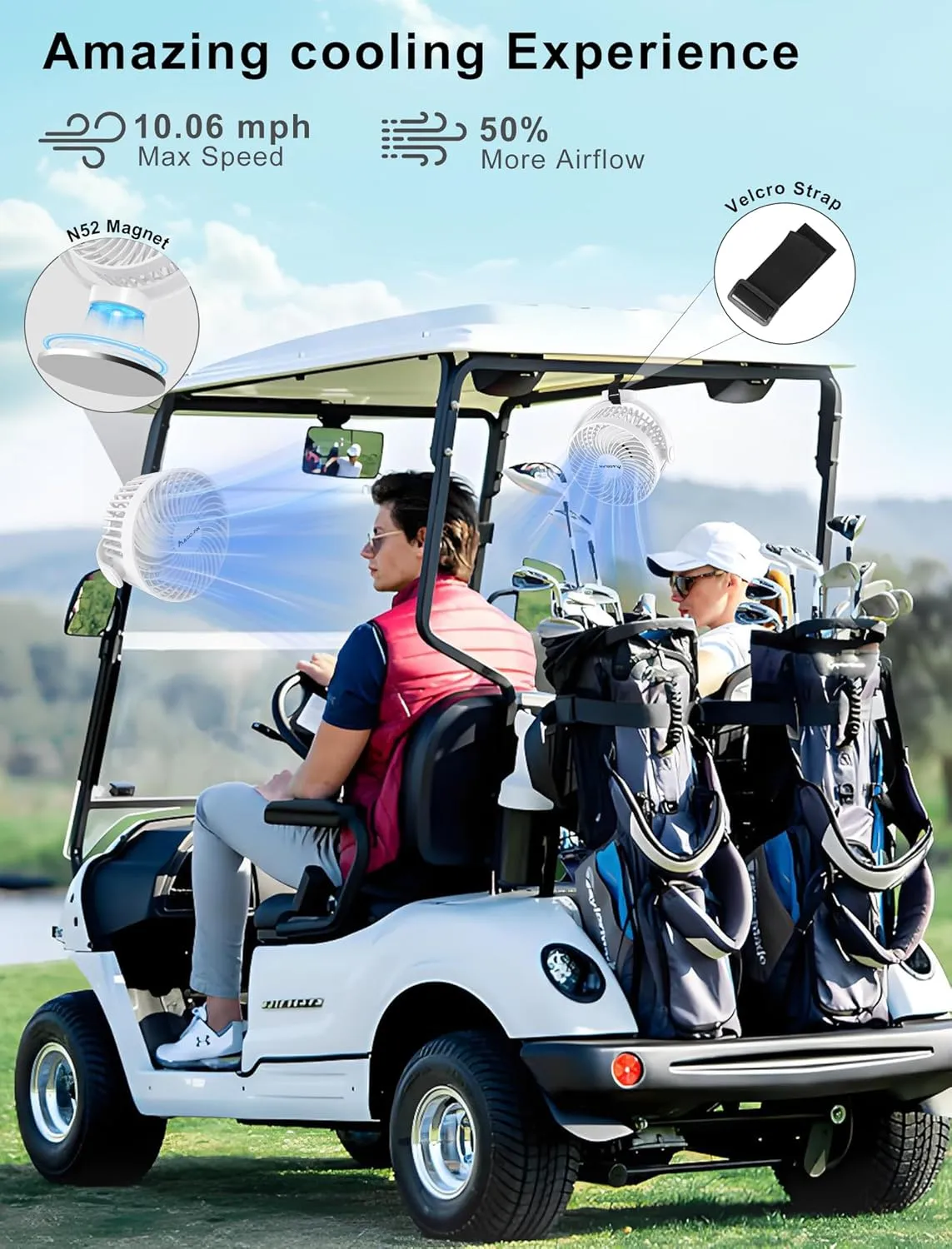 Magnetic Golf Cart Fan Rechargeable, 12000mAH Battery Operated Portable Fan with 3 Speeds, LED Lantern, Magnetic Base, Compatible with EZGO Club Car Yamaha, Golf Cart & Cruise Ship Accessories