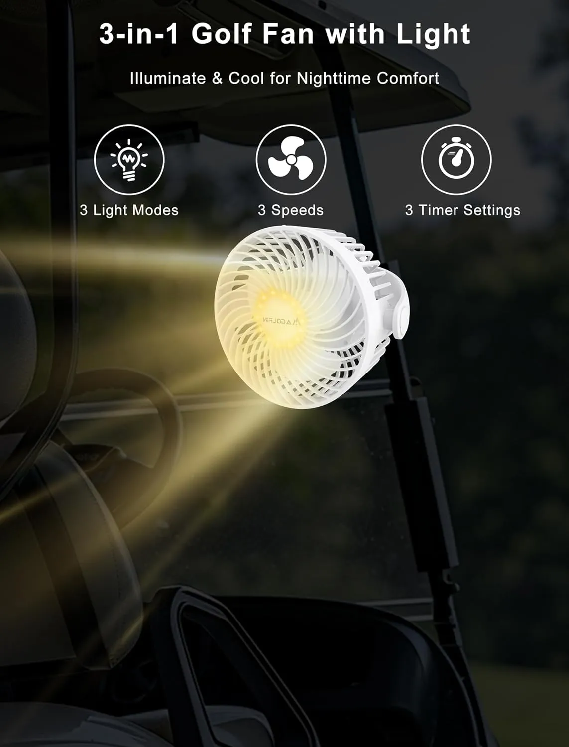 Magnetic Golf Cart Fan Rechargeable, 12000mAH Battery Operated Portable Fan with 3 Speeds, LED Lantern, Magnetic Base, Compatible with EZGO Club Car Yamaha, Golf Cart & Cruise Ship Accessories